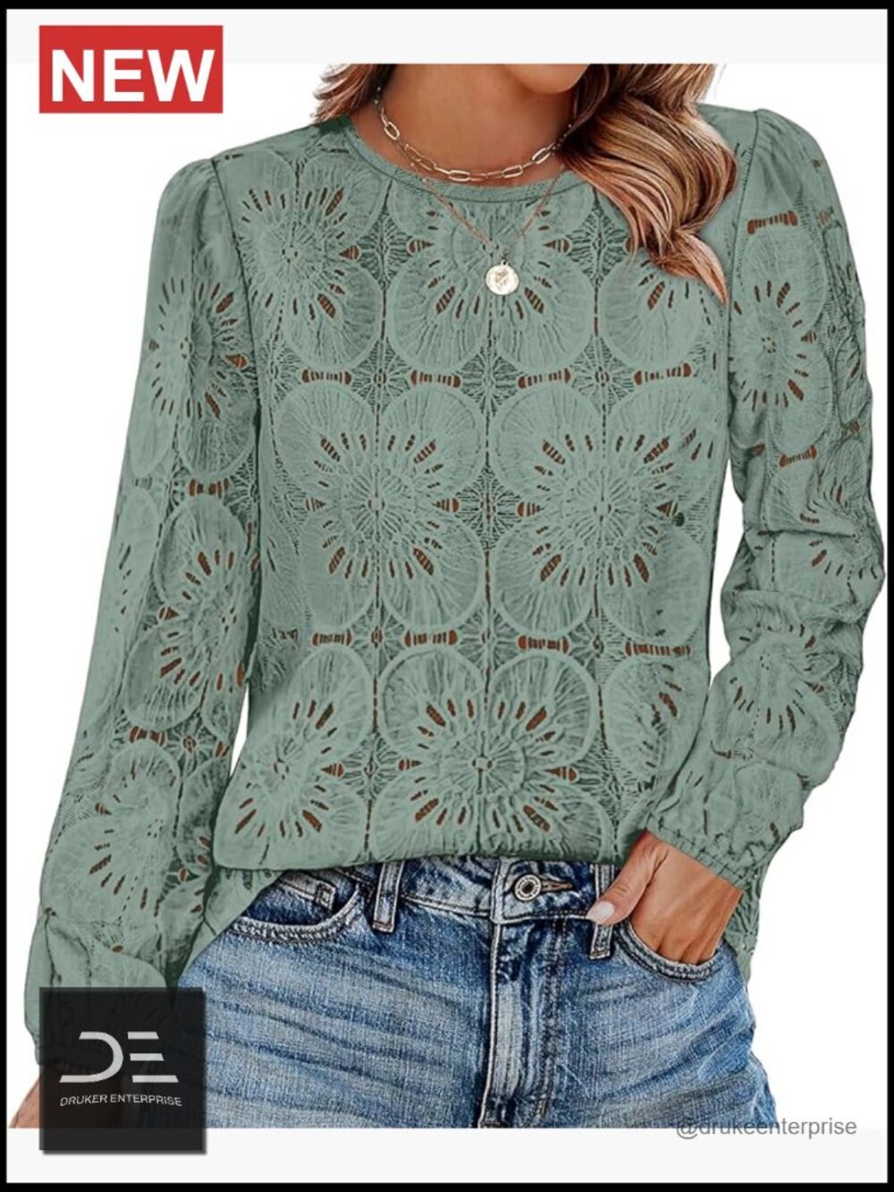 Dressy Casual Blouse with Flower Lace Crochet Long Sleeve